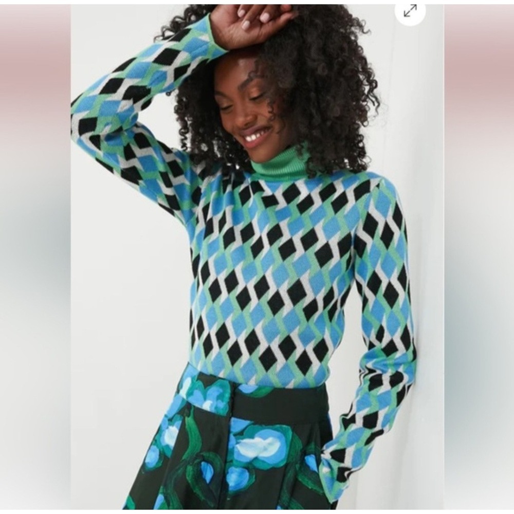 De Loreta Women Green Blue Diamond Geometric Cotton Turtleneck Sweater Small